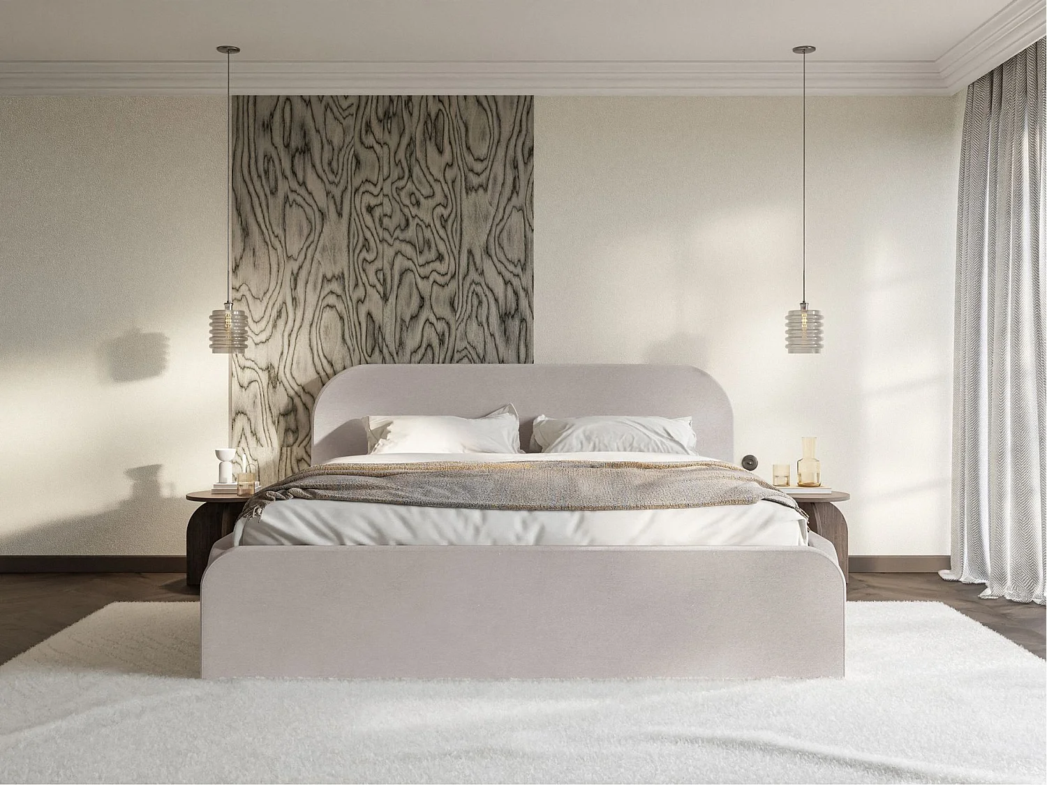 Lit tapissé avec coffre – 200x200 cm – en velours beige-gris – UMIKE