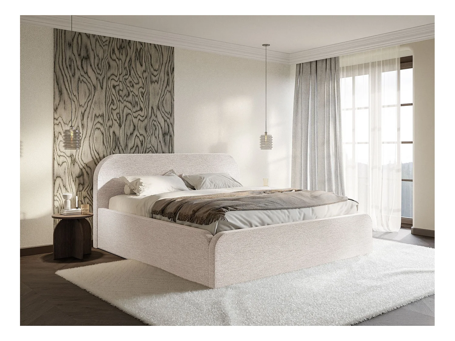 Lit tapissé avec coffre – 160x200 cm – en tissu chenille beige clair – UMIKE