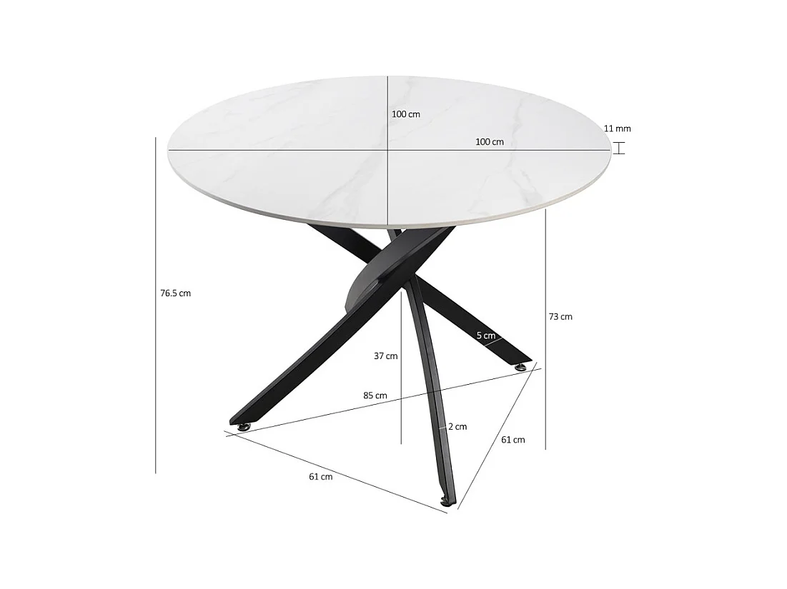 Table ronde D. 100 cm céramique blanc marbré pieds métal - RYDER 2
