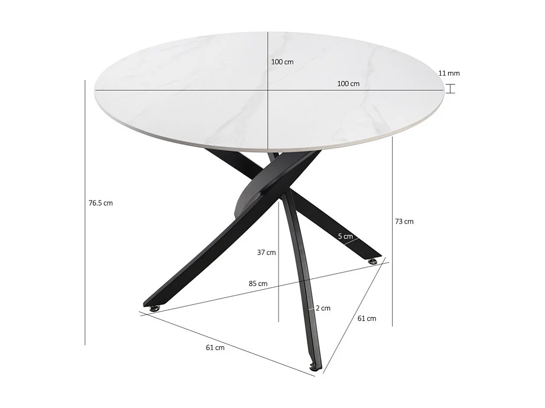 Table ronde D. 100 cm céramique blanc marbré pieds métal - RYDER 2