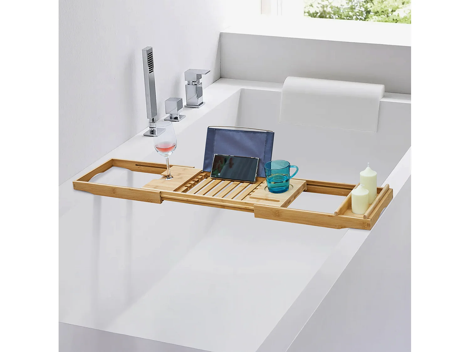 Étagère de baignoire SVITA ORI en bambou réglable et multifonctionnelle