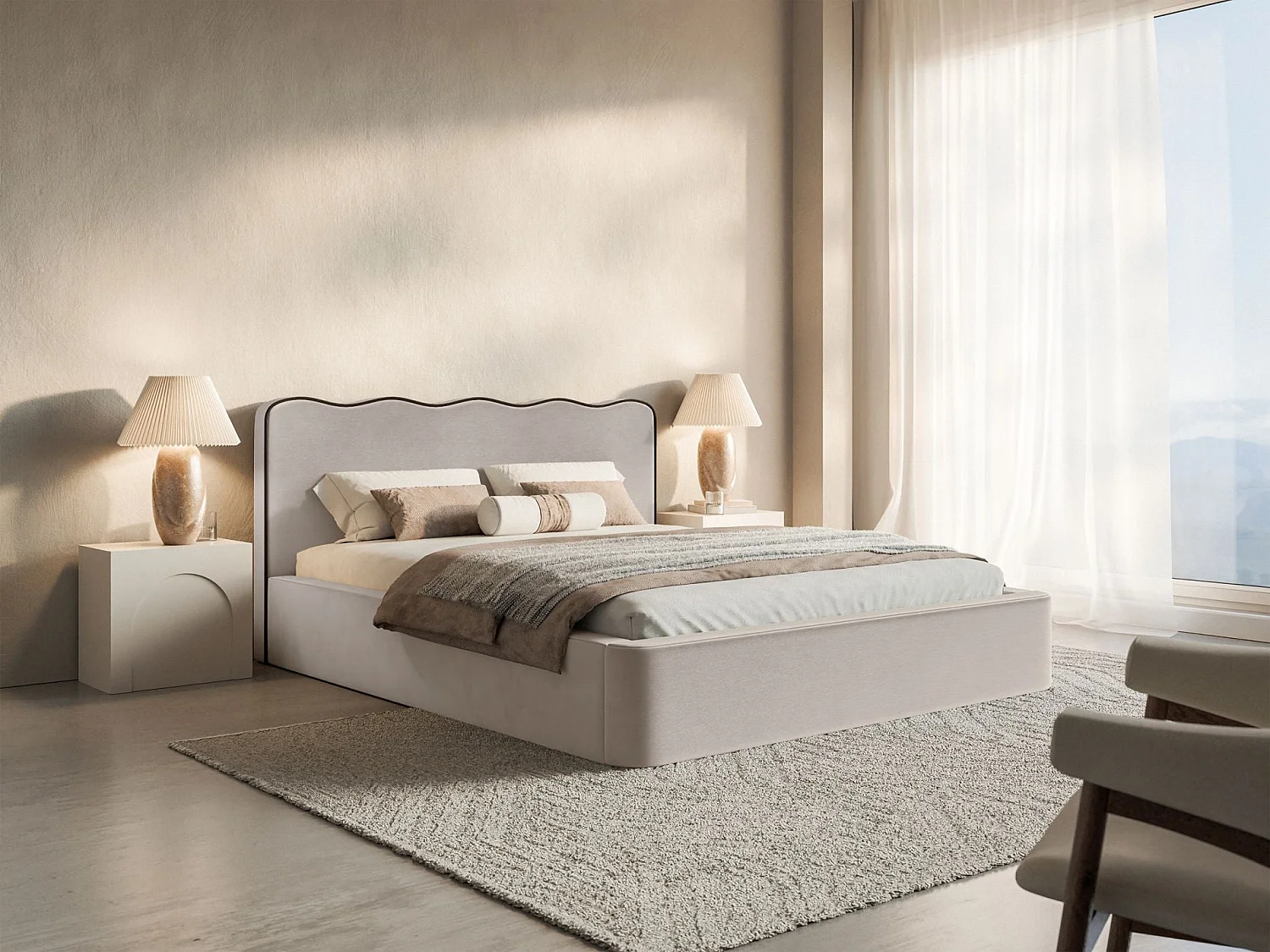 Lit tapissé – 200x200 cm – en velours beige – DUNEY