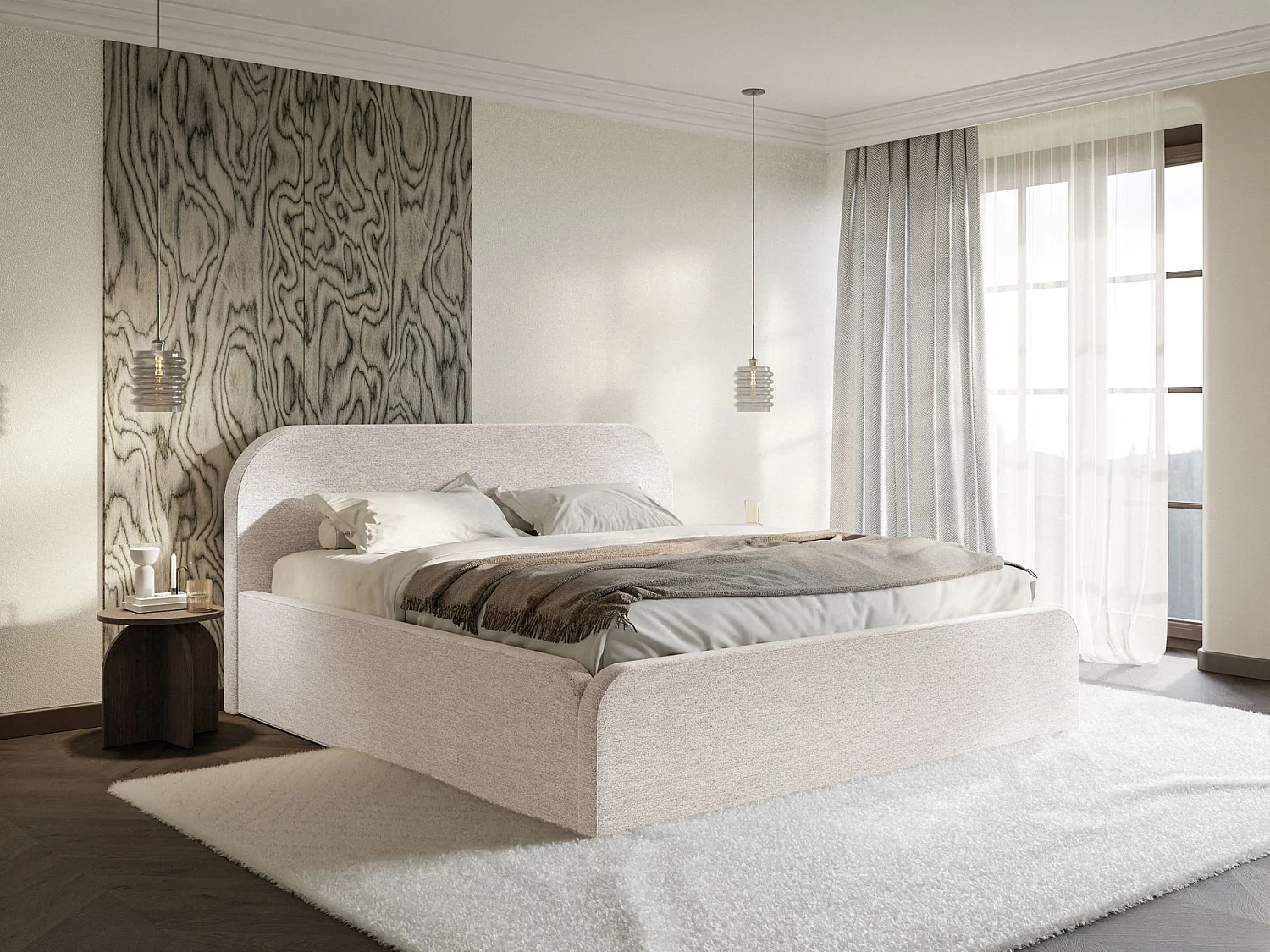 Polsterbett 180x200 - mit Chenille-Bezug - Hellbeige - UMIKE