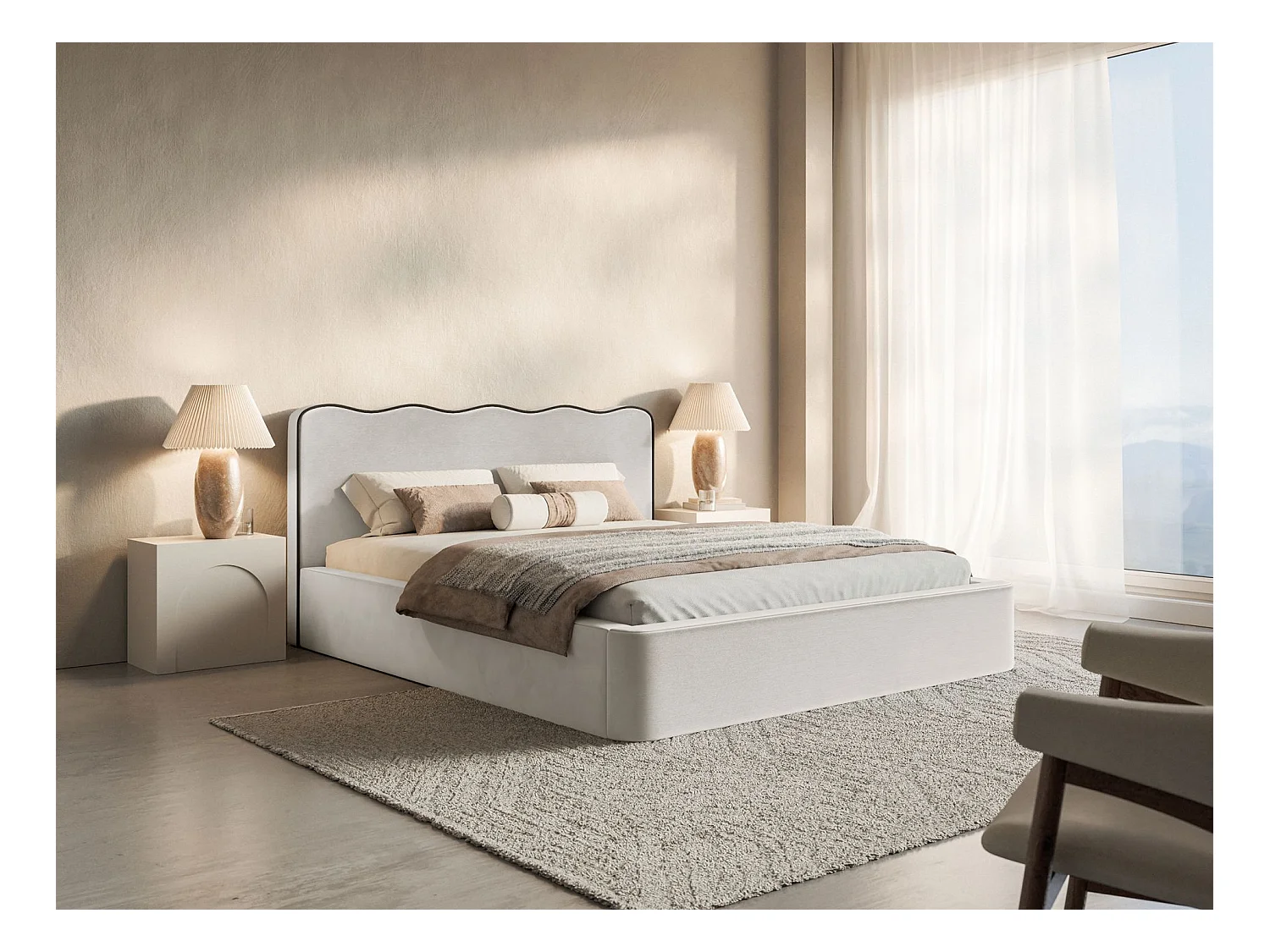 Lit tapissé – 180x200 cm – en velours beige clair – DUNEY