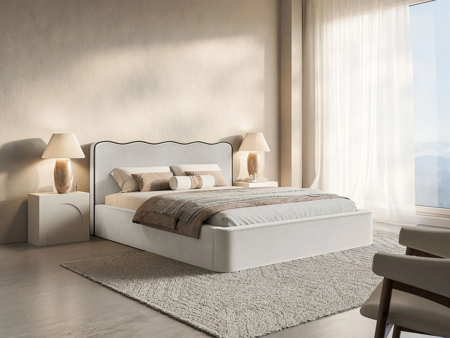 Gestoffeerd bed – 140x200 cm – in lichtbeige fluweel – DUNEY