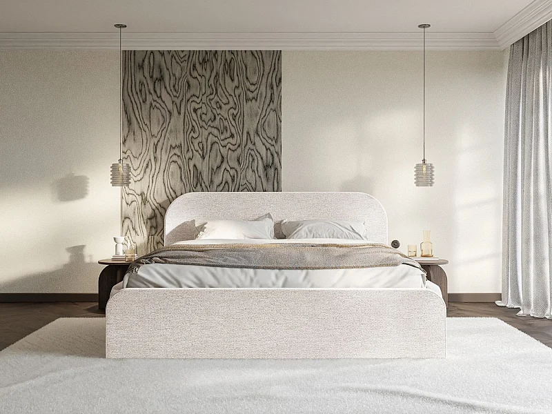 Lit tapissé – 160x200 cm – en tissu chenille beige clair – UMIKE