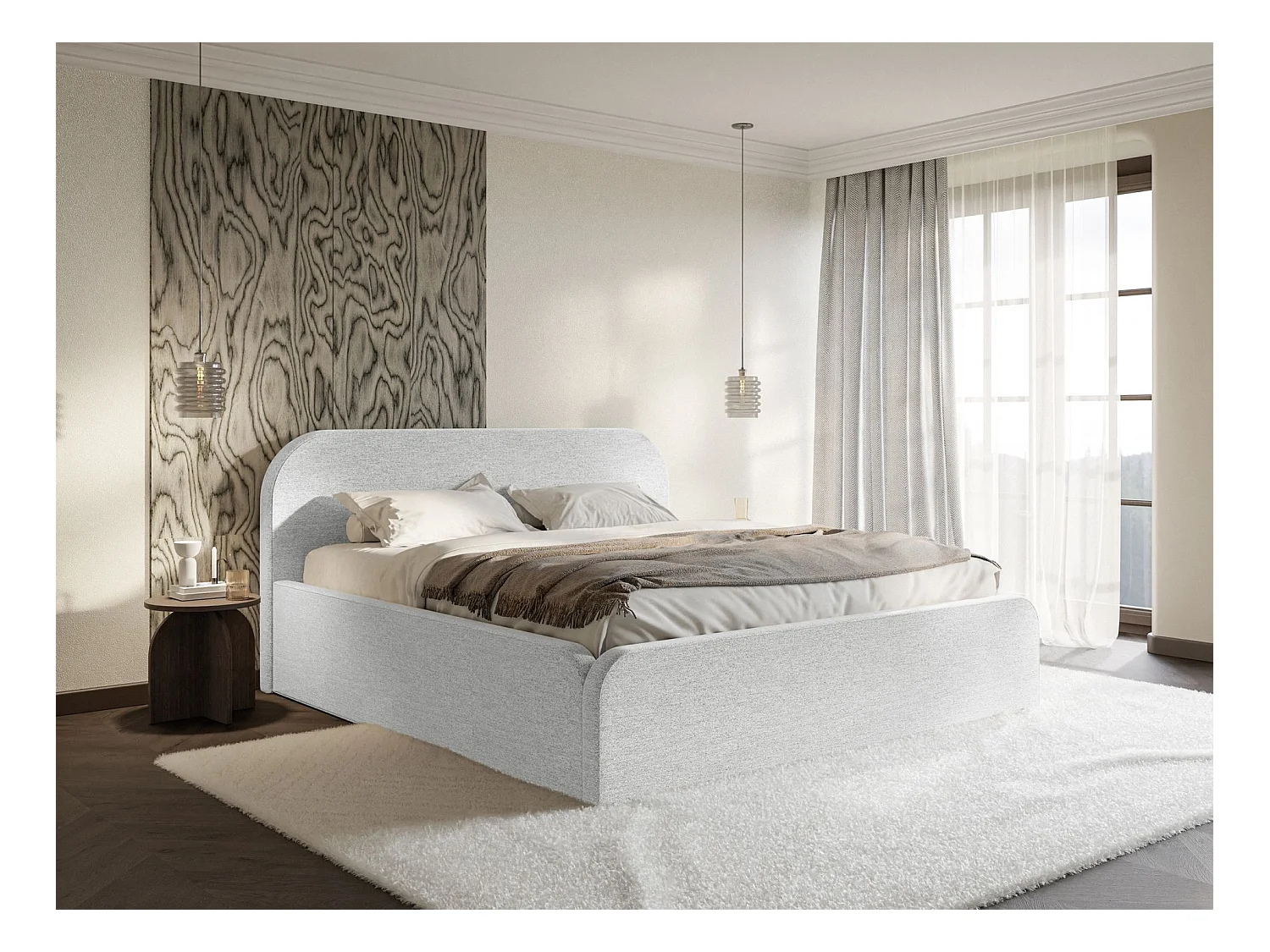 Lit tapissé – 180x200 cm – en tissu chenille gris clair – UMIKE