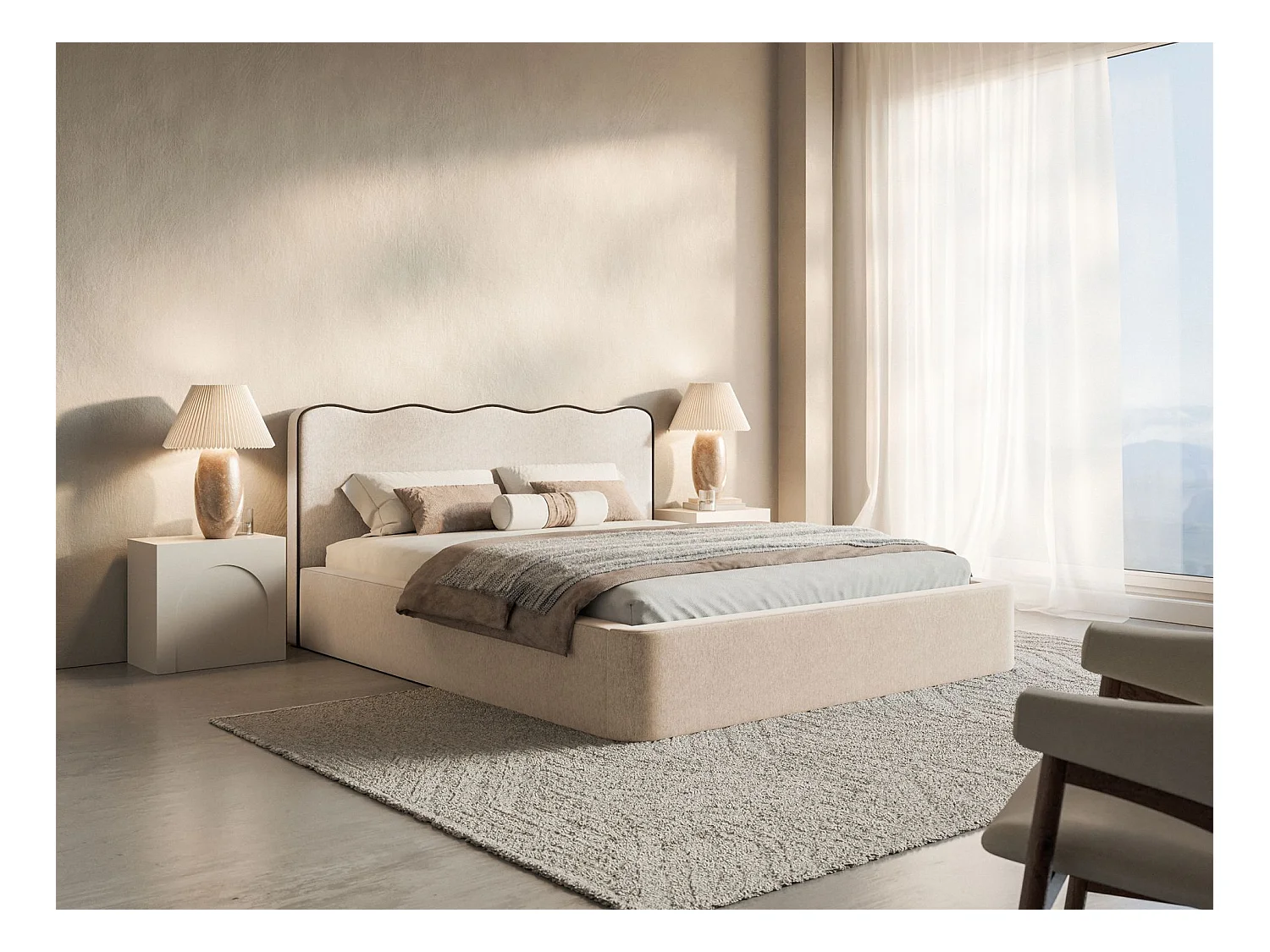 Polsterbett 140x200 - mit Strukturstoff - Hellbeige - DUNEY