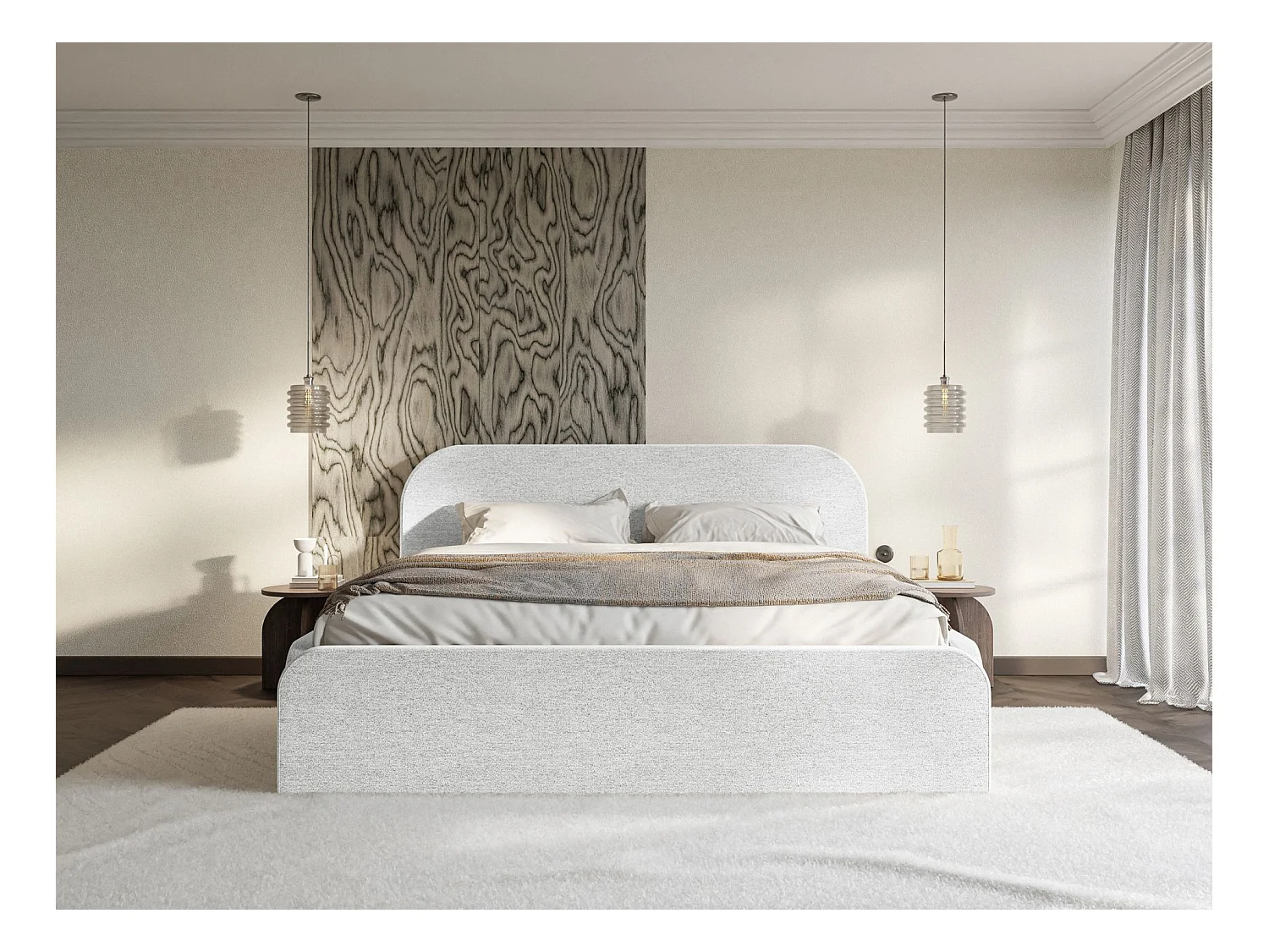 Lit tapissé – 200x200 cm – en tissu chenille gris clair – UMIKE