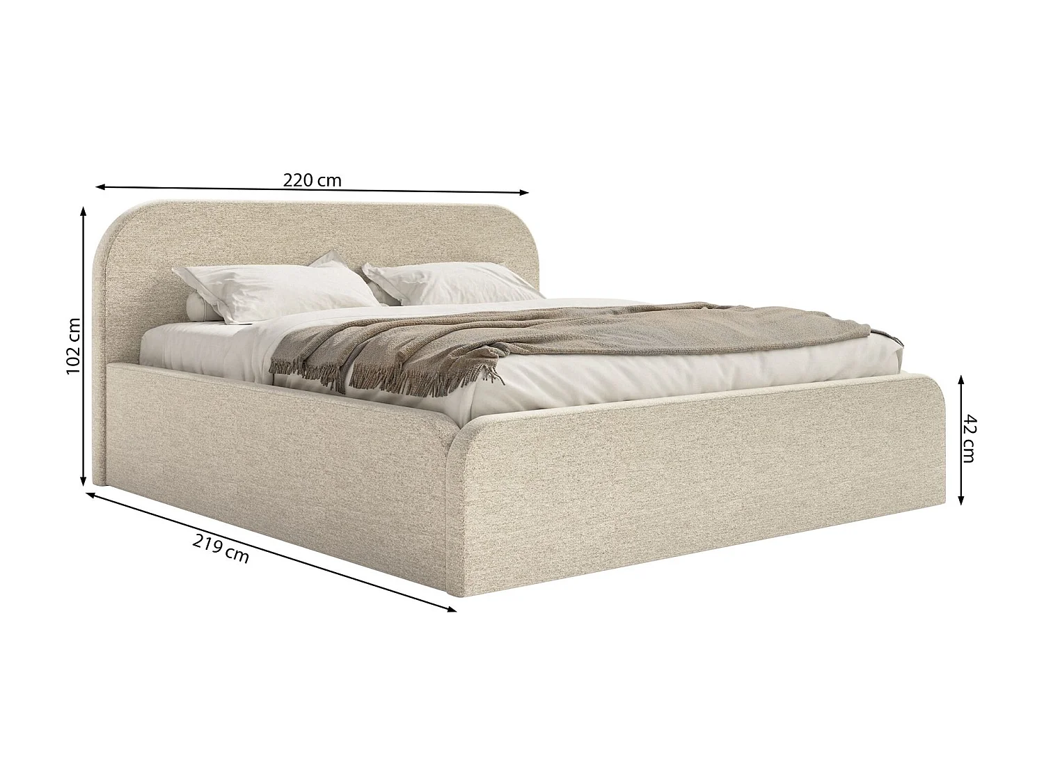 Lit tapissé – 200x200 cm – en tissu chenille gris clair – UMIKE