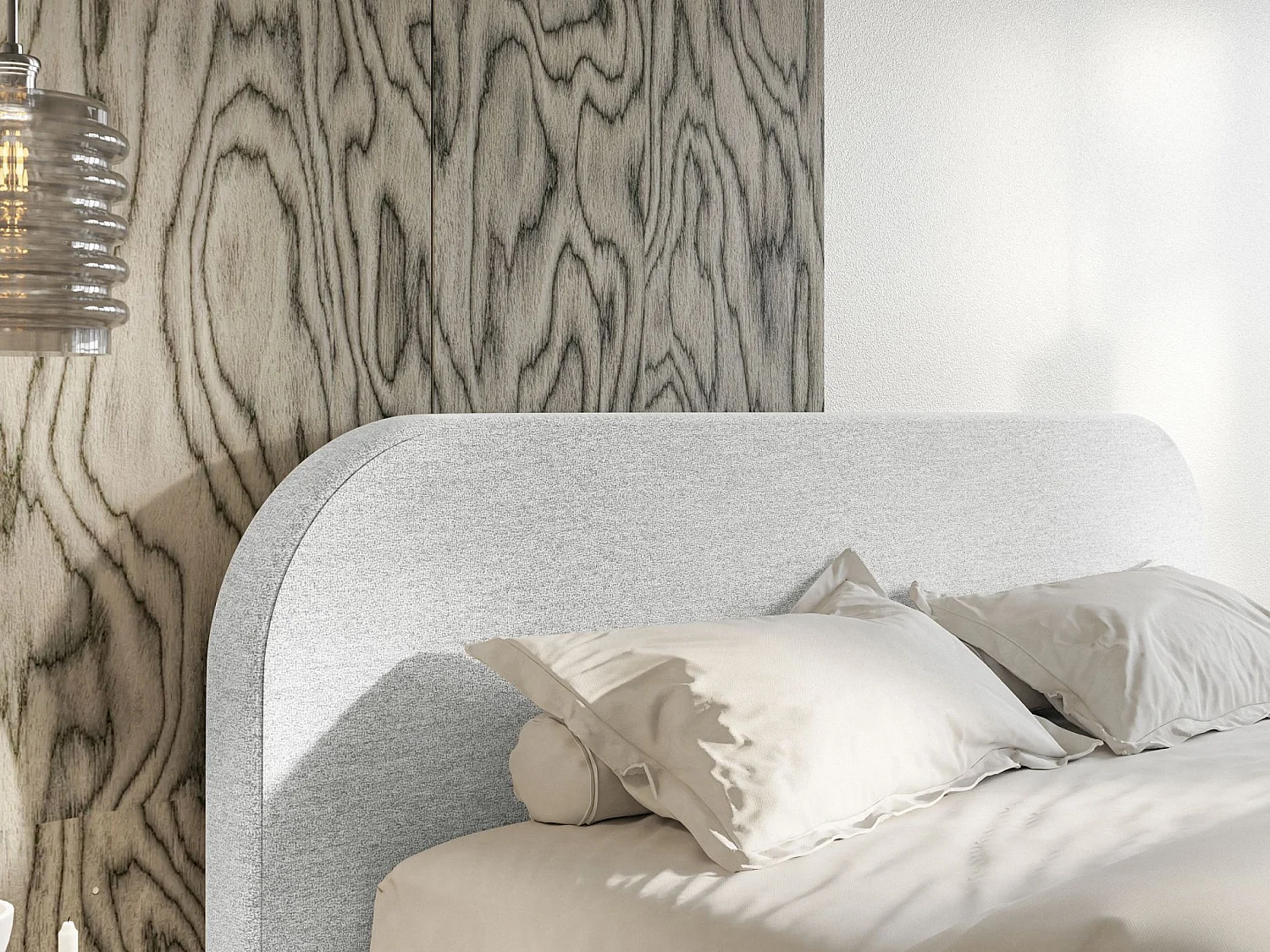 Lit tapissé – 200x200 cm – en tissu chenille gris clair – UMIKE