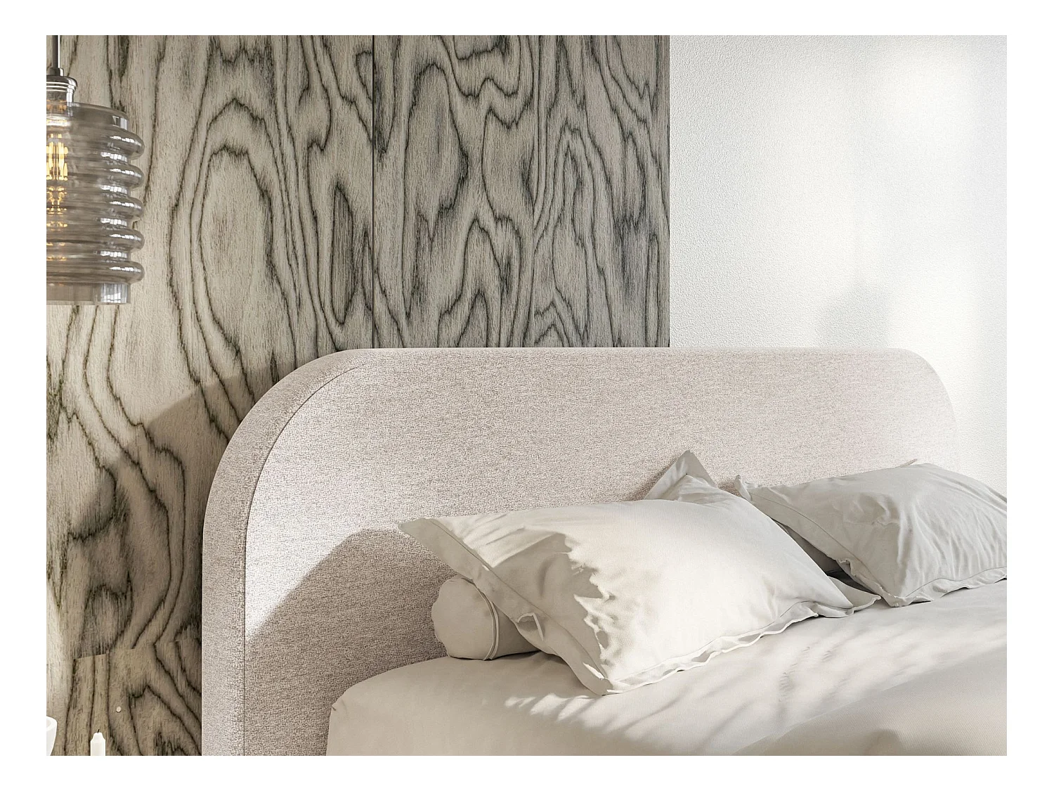 Lit tapissé – 140x200 cm – en tissu chenille beige clair – UMIKE