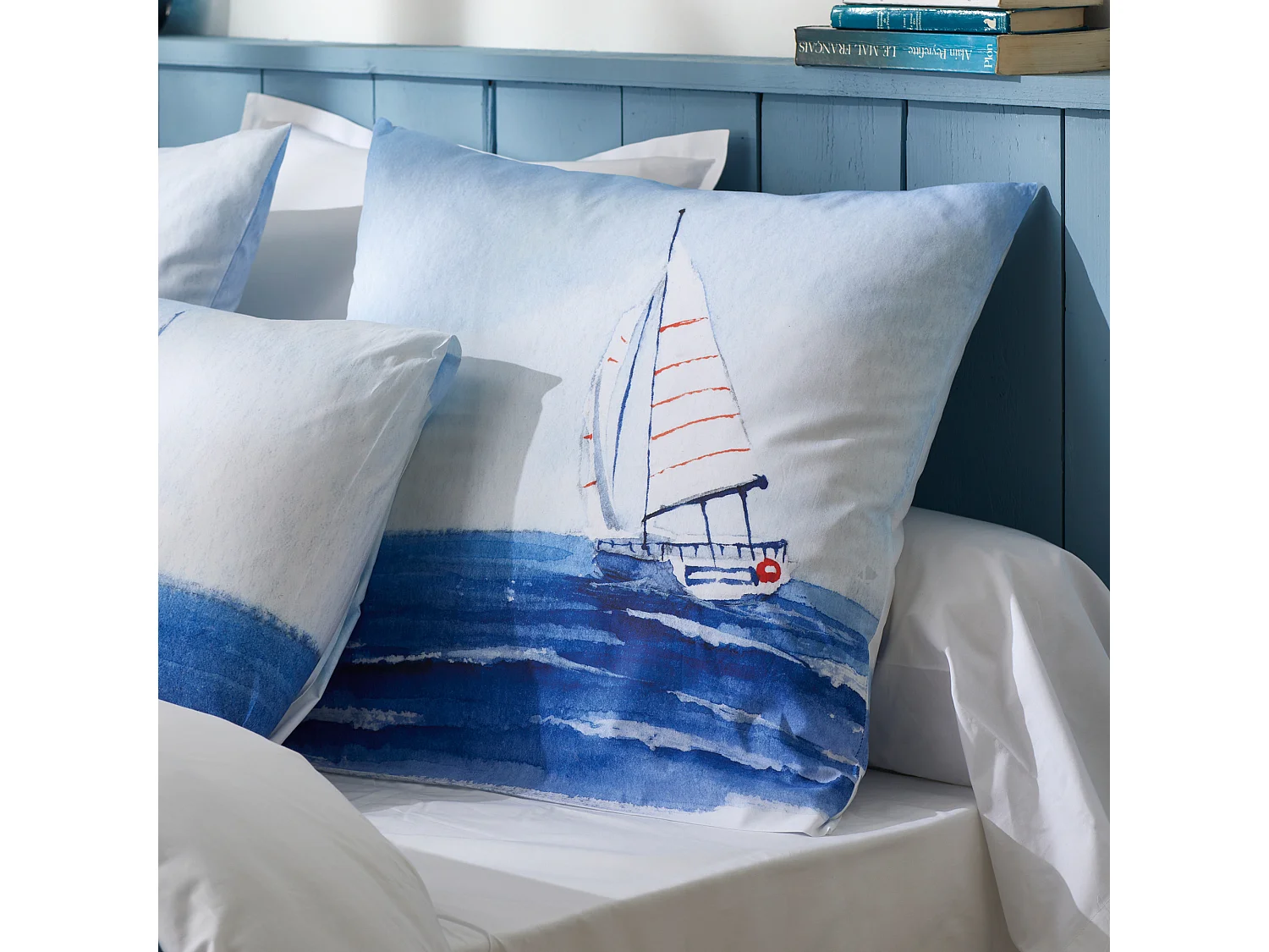 Parure de lit 240x220 cm 65x65 cm percale REGATE bleu 3 pièces