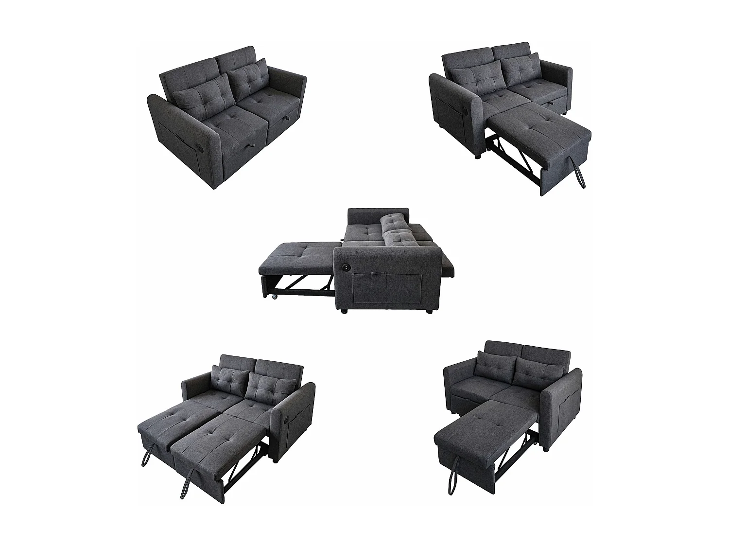 Canapé inclinable 3 en 1 avec dossier réglable, USB, pochettes d'accoudoir et coussins, gris