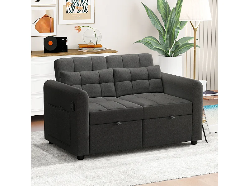 Canapé inclinable 3 en 1 avec dossier réglable, USB, pochettes d'accoudoir et coussins, gris