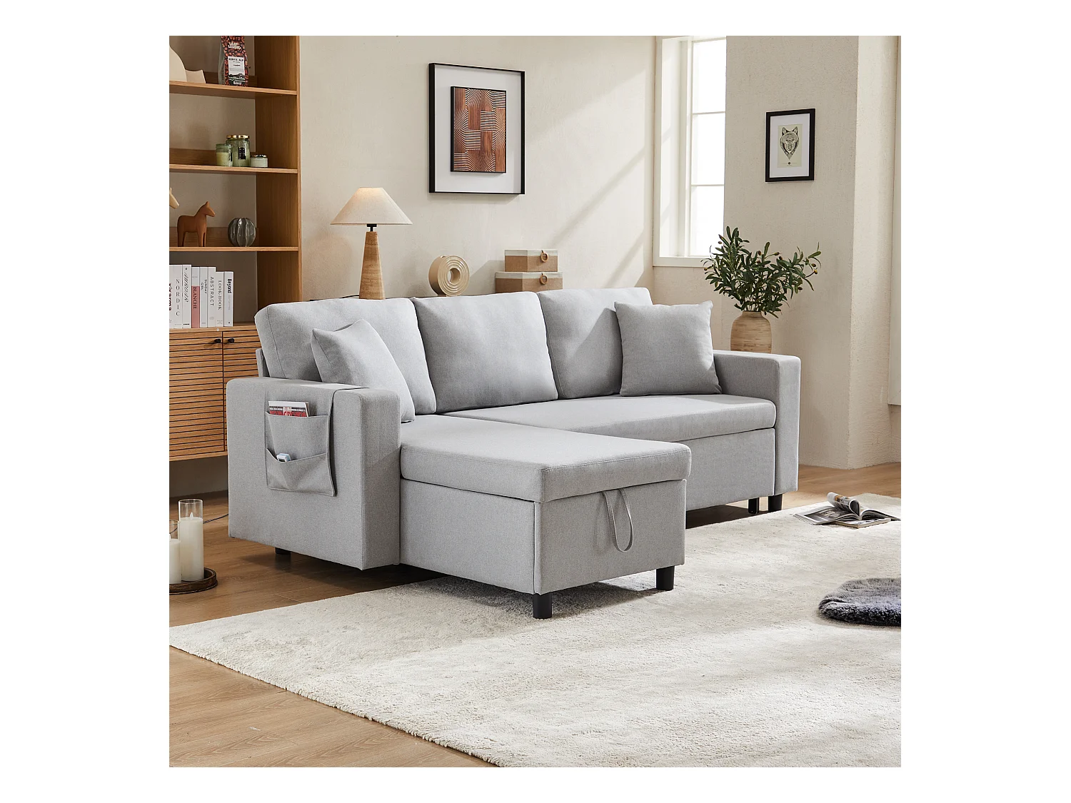 Divano letto, divano a L, contenitore, tasche per tazze, reversibile, grigio