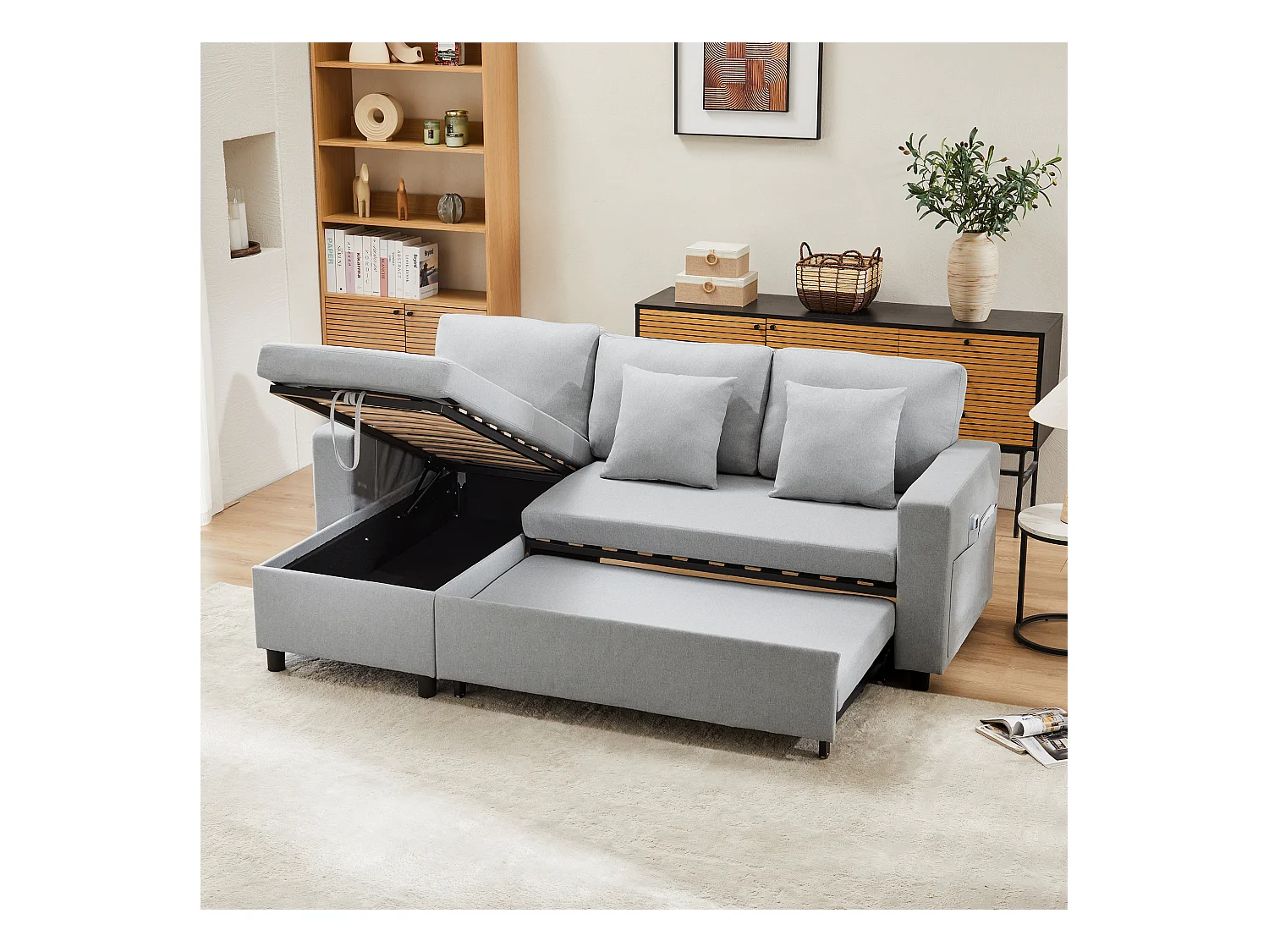 Divano letto, divano a L, contenitore, tasche per tazze, reversibile, grigio