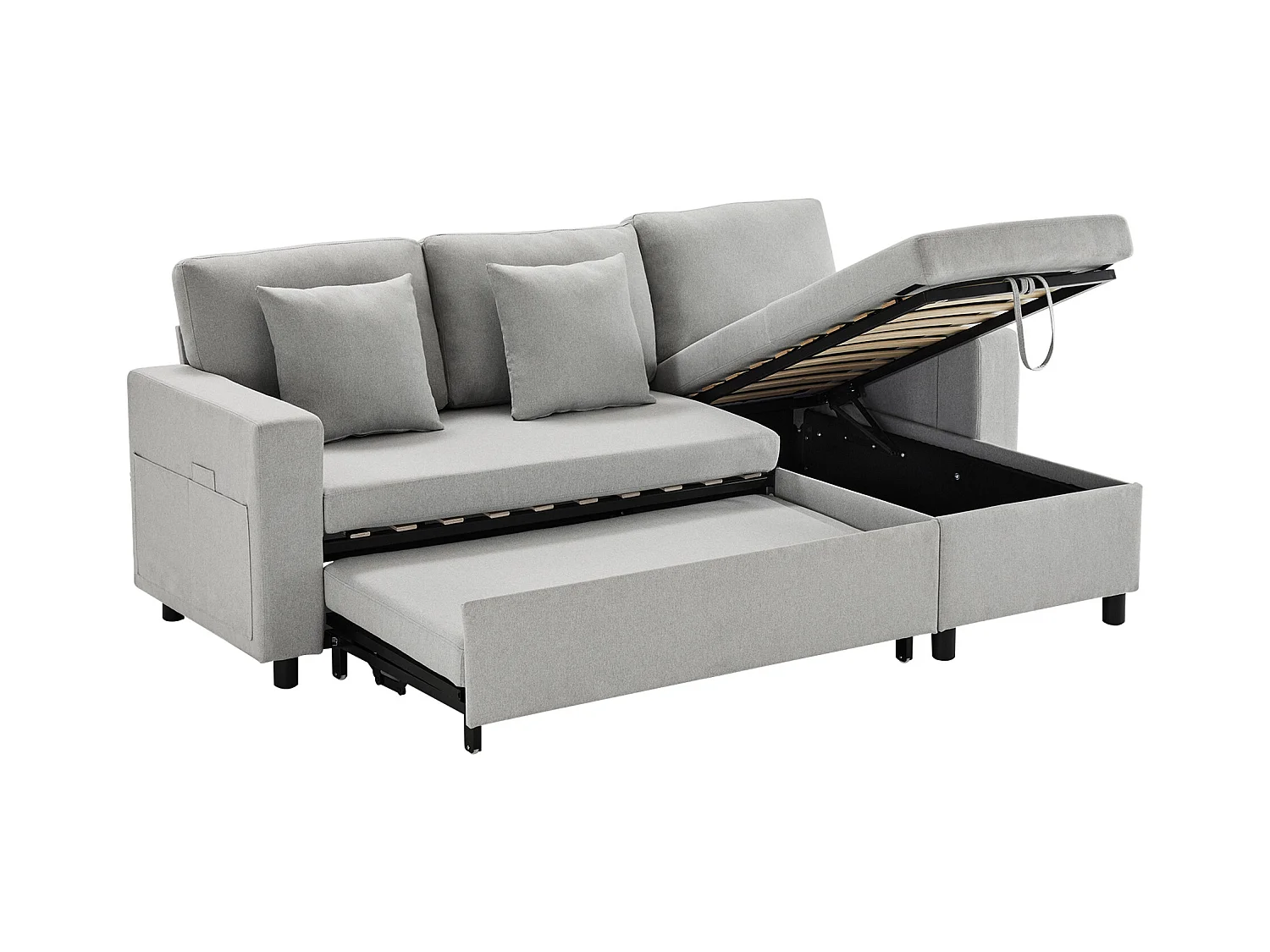 Divano letto, divano a L, contenitore, tasche per tazze, reversibile, grigio