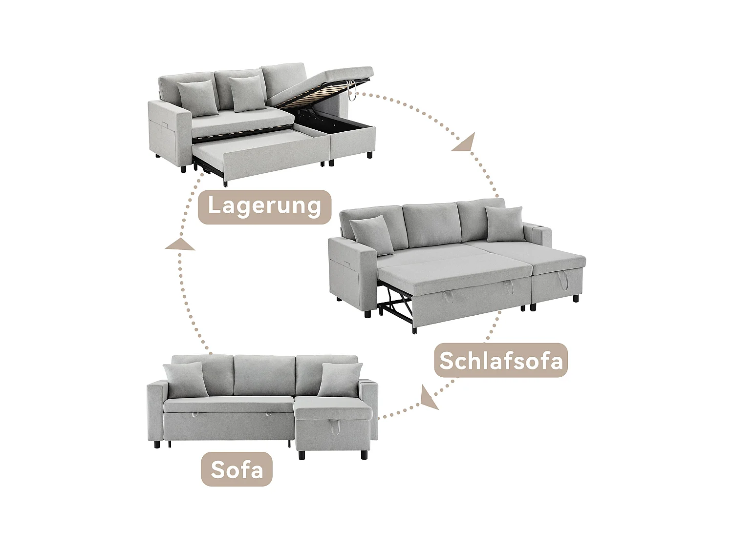 Divano letto, divano a L, contenitore, tasche per tazze, reversibile, grigio