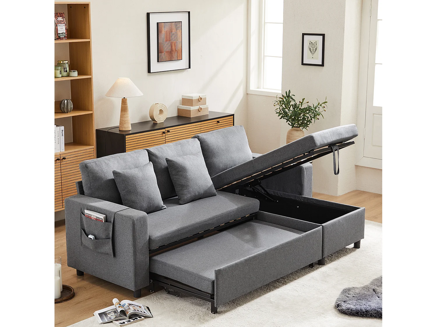 Canapé convertible, canapé en L, poche porte-gobelet, interchangeable gauche/droite, gris foncé