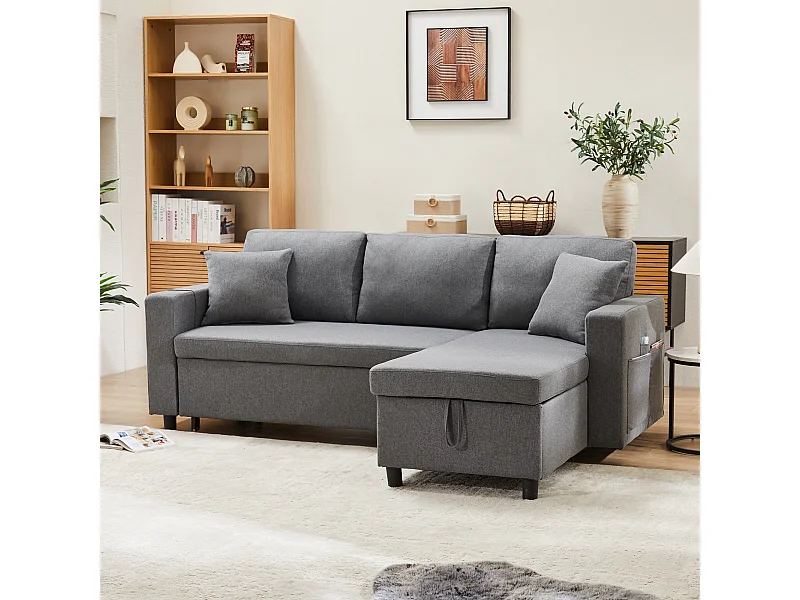 Divano letto, divano a L, con tasca a tazza, intercambiabile destra/sinistra, grigio scuro