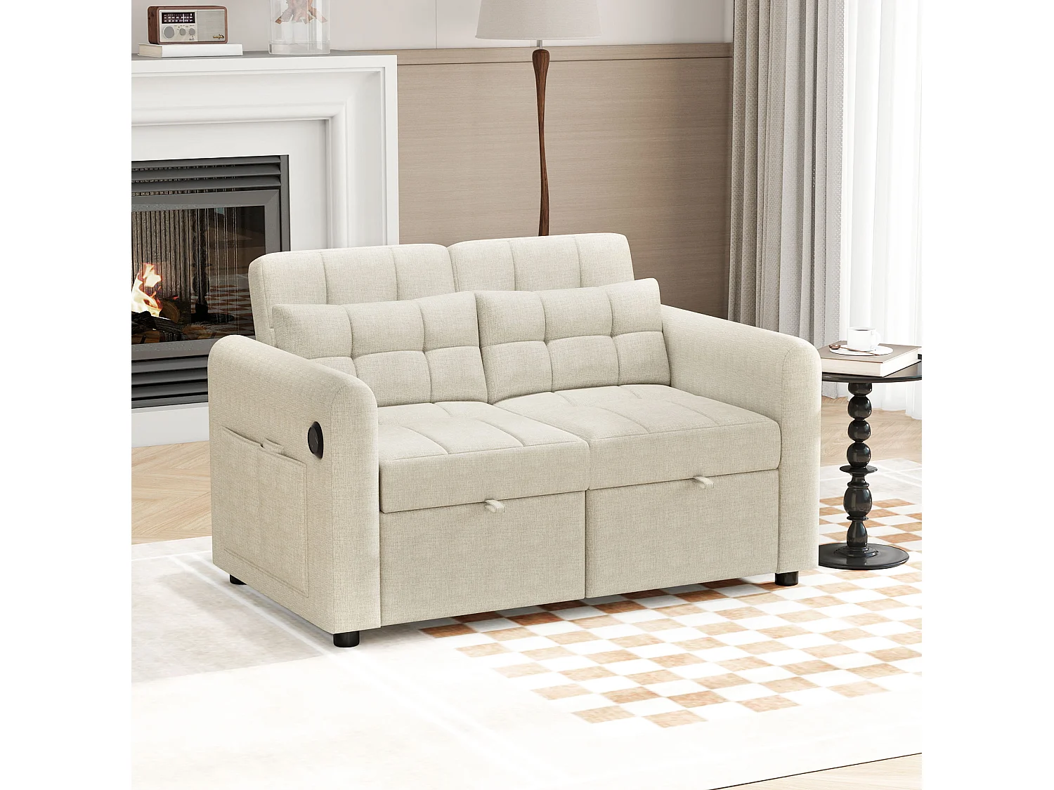 Canapé inclinable 3 en 1 avec dossier réglable, USB, pochettes d'accoudoir et coussins,beige