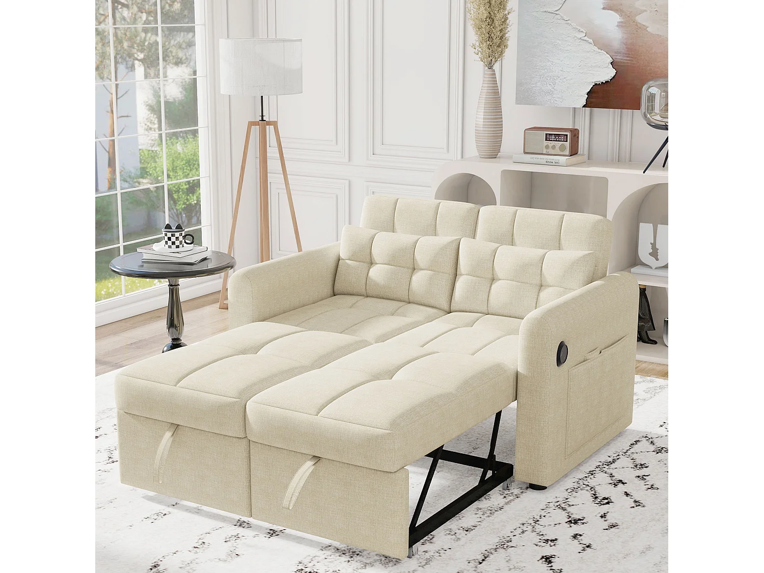 Canapé inclinable 3 en 1 avec dossier réglable, USB, pochettes d'accoudoir et coussins,beige