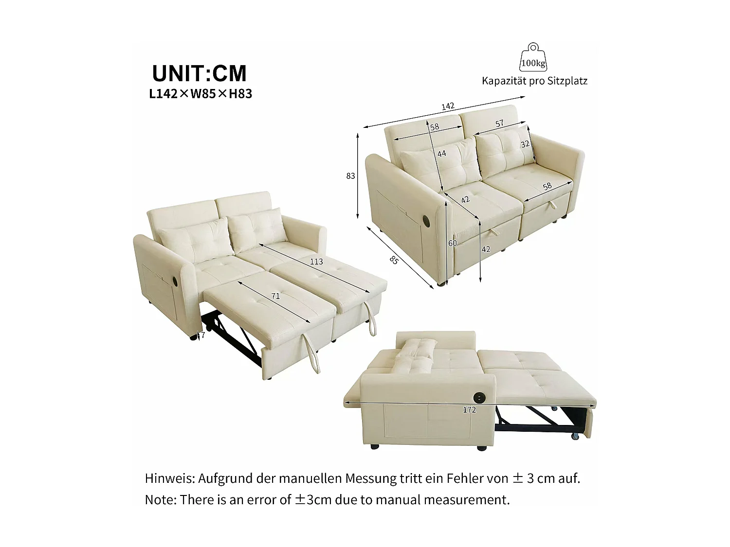 Canapé inclinable 3 en 1 avec dossier réglable, USB, pochettes d'accoudoir et coussins,beige