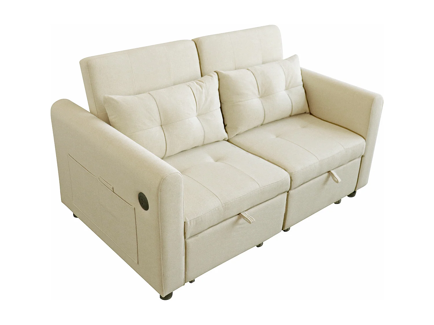 Canapé inclinable 3 en 1 avec dossier réglable, USB, pochettes d'accoudoir et coussins,beige