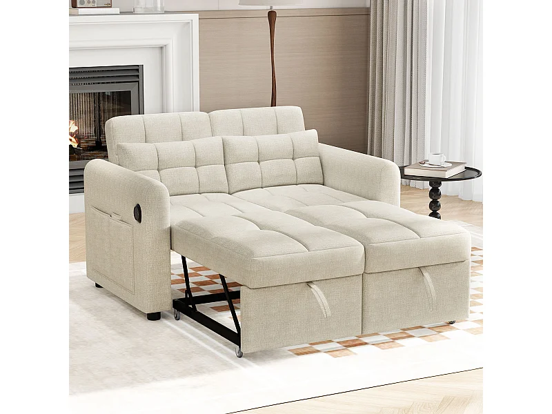 Canapé inclinable 3 en 1 avec dossier réglable, USB, pochettes d'accoudoir et coussins,beige