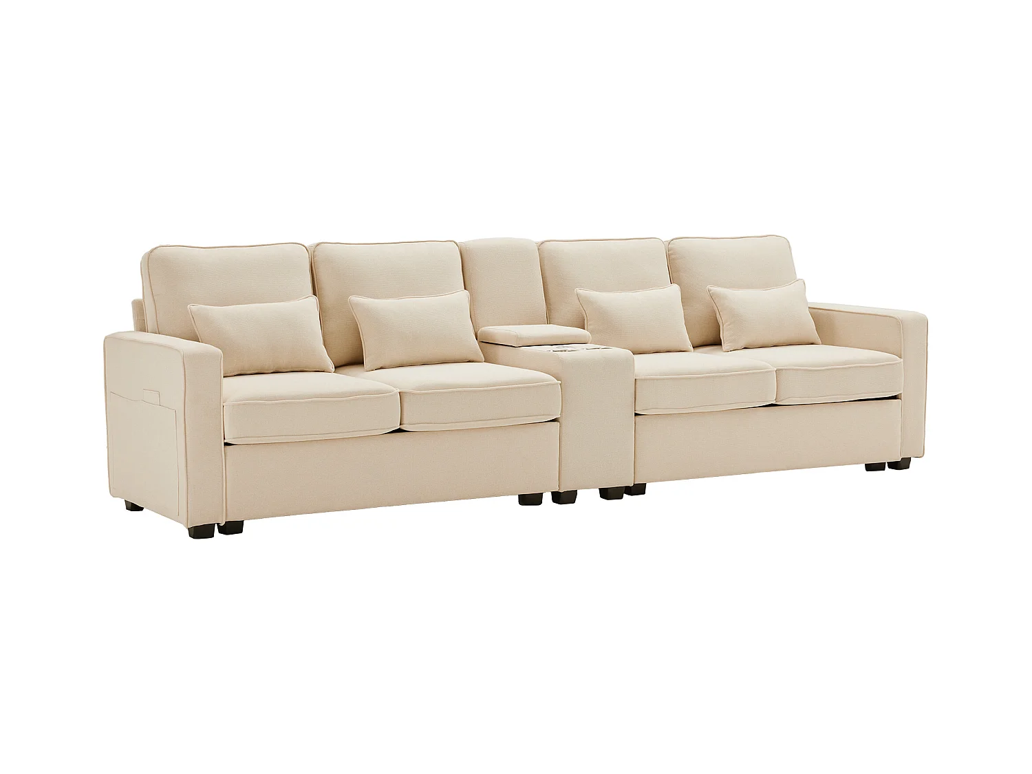 Canapé 4 places en tissu lin avec console, porte-gobelet, port USB, beige