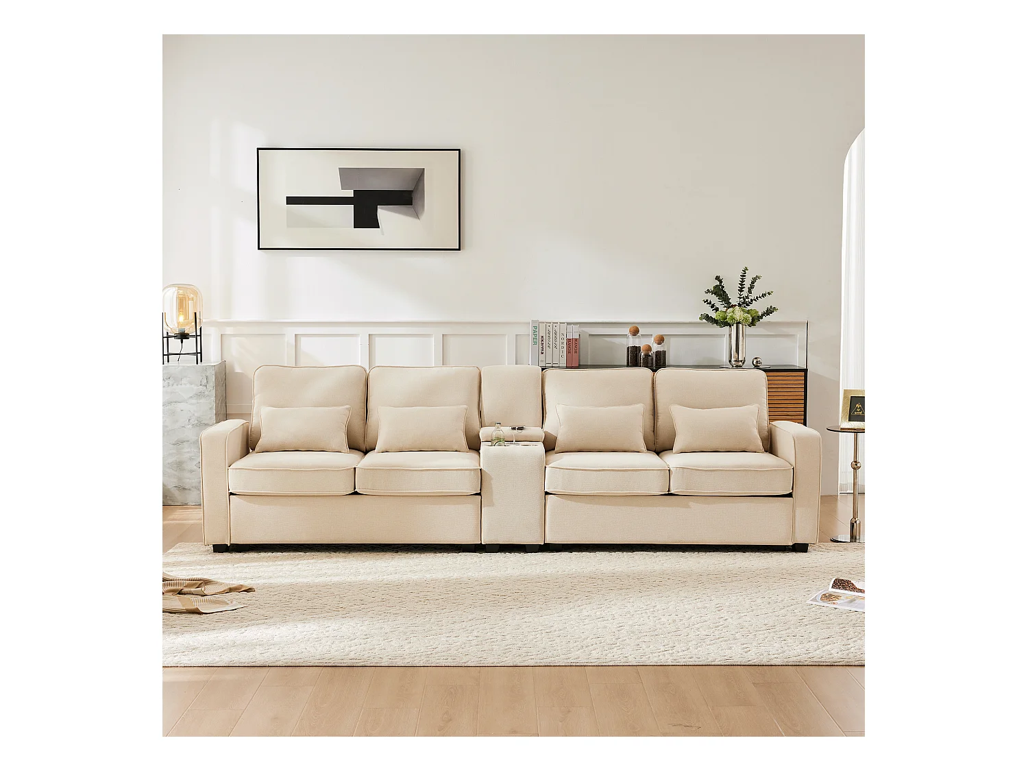 Canapé 4 places en tissu lin avec console, porte-gobelet, port USB, beige