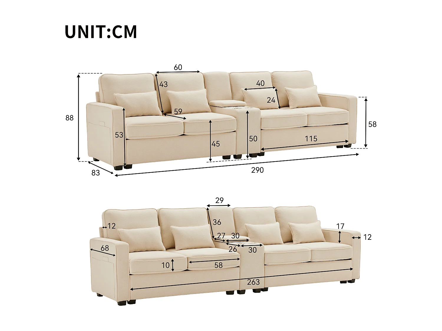 Canapé 4 places en tissu lin avec console, porte-gobelet, port USB, beige