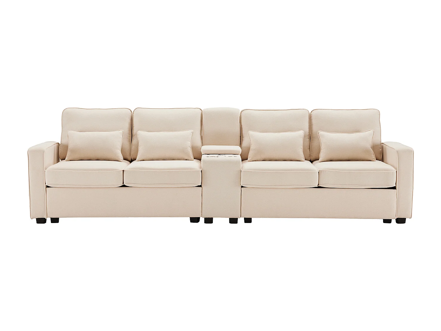 Canapé 4 places en tissu lin avec console, porte-gobelet, port USB, beige
