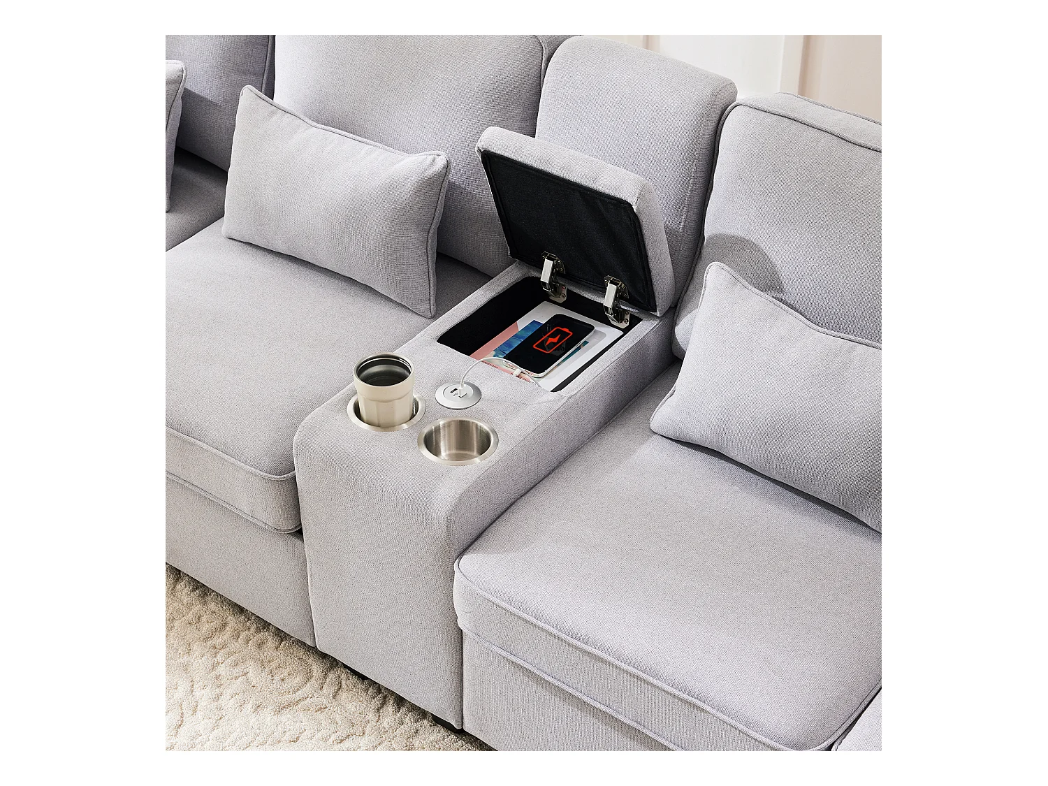 Canapé 4 places en tissu lin avec console, porte-gobelets, port USB, poches sur les accoudoirs,gris
