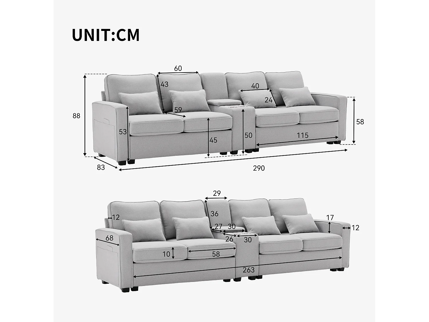 Canapé 4 places en tissu lin avec console, porte-gobelets, port USB, poches sur les accoudoirs,gris