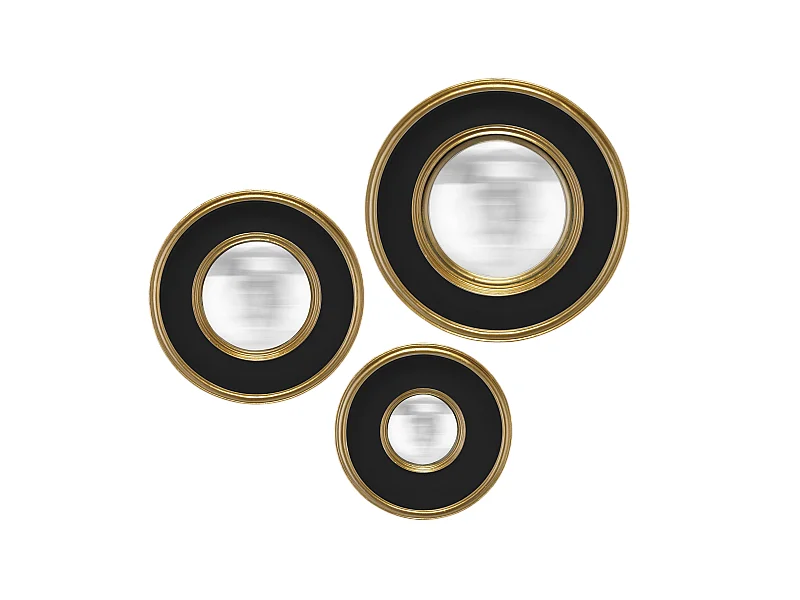Lot de 3 miroirs convexes noir et doré 16, 19 et 23cm