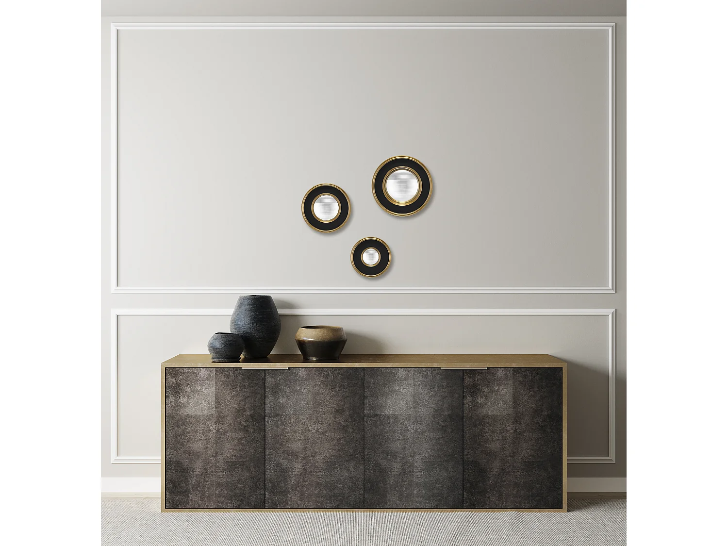 Lot de 3 miroirs convexes noir et doré 16, 19 et 23cm