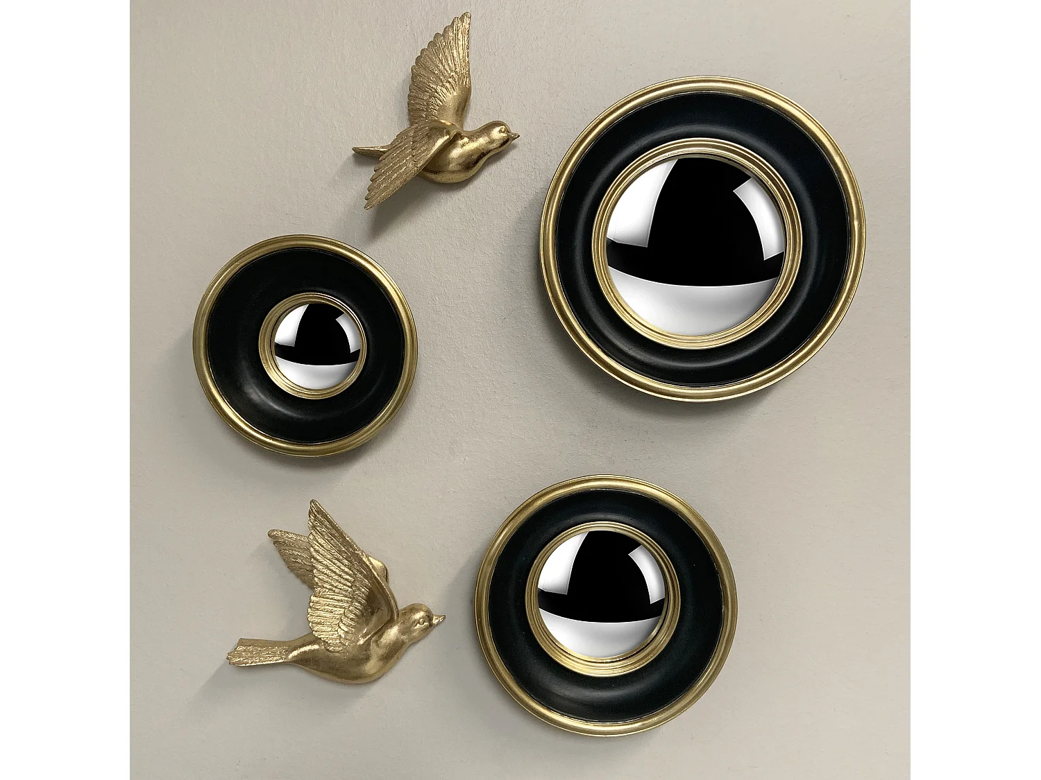Lot de 3 miroirs convexes noir et doré 16, 19 et 23cm