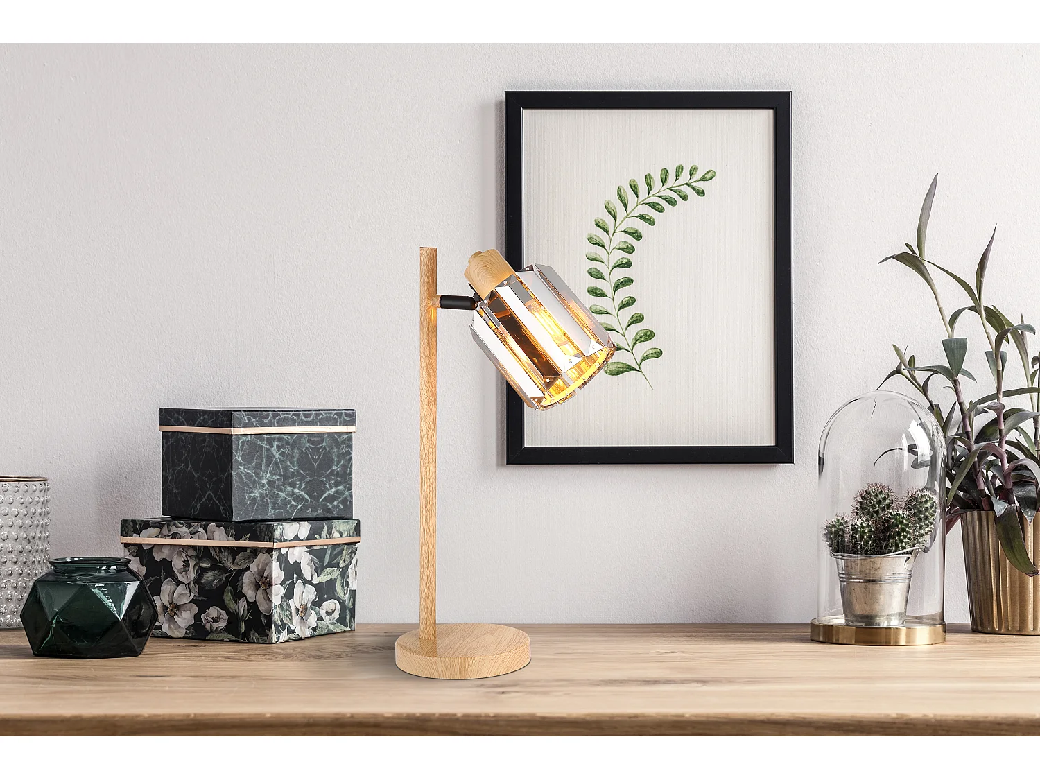 Lampe à poser métal décor bois, 1x E14