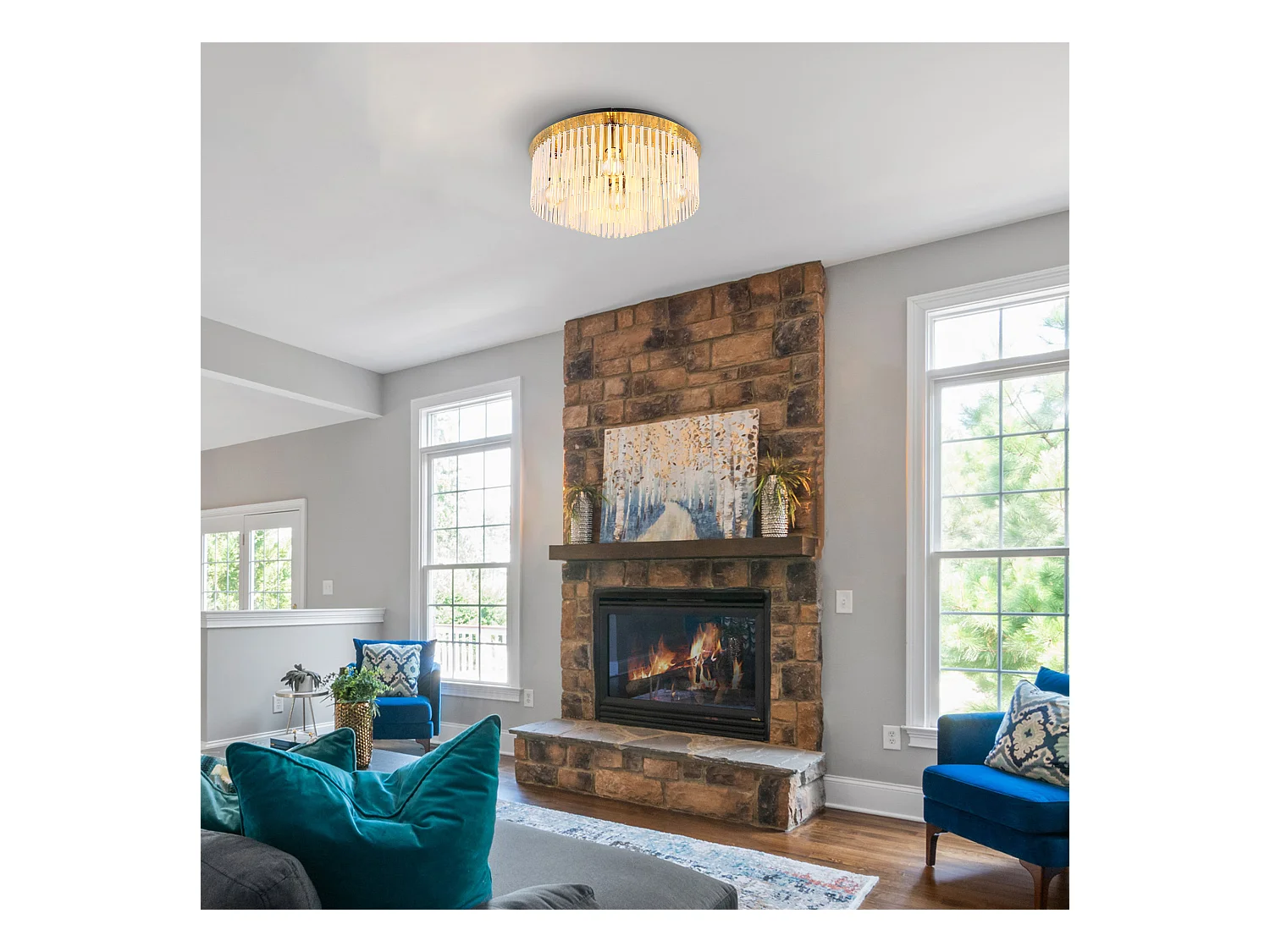 Plafonnier métal couleur or mat, 5x E27