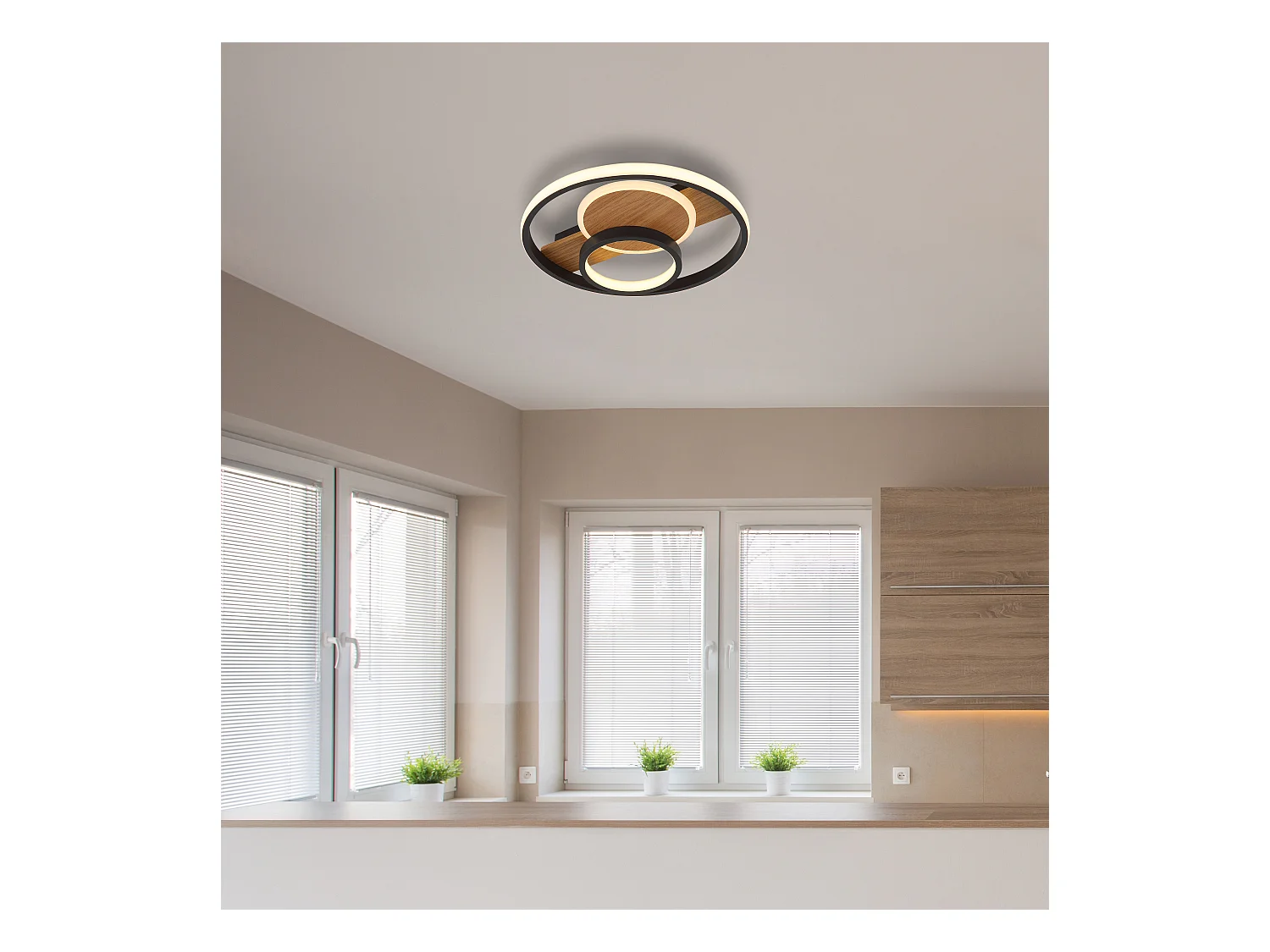 Plafonnier métal décor bois, LED