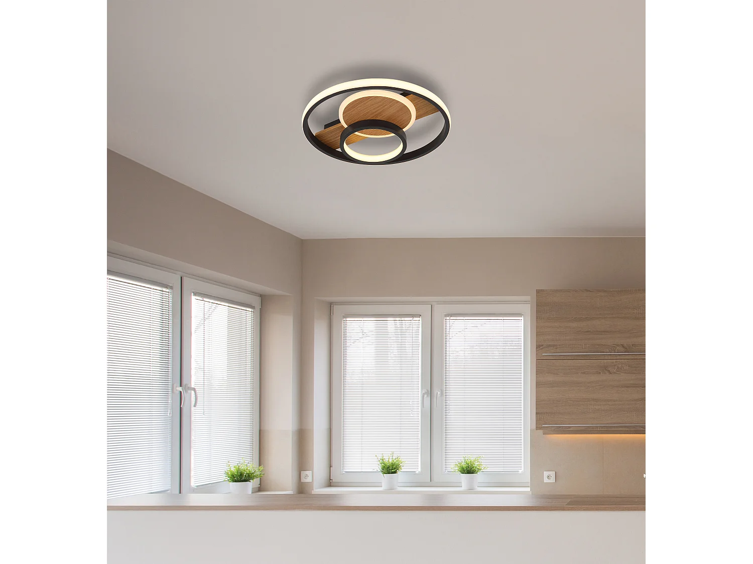 Plafonnier métal décor bois, LED