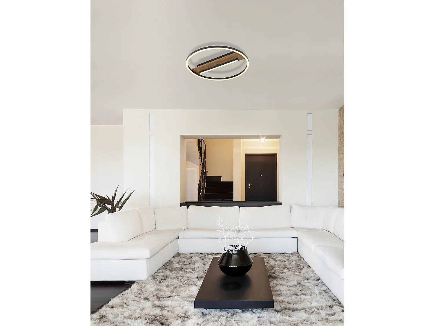 Plafonnier métal décor bois, LED