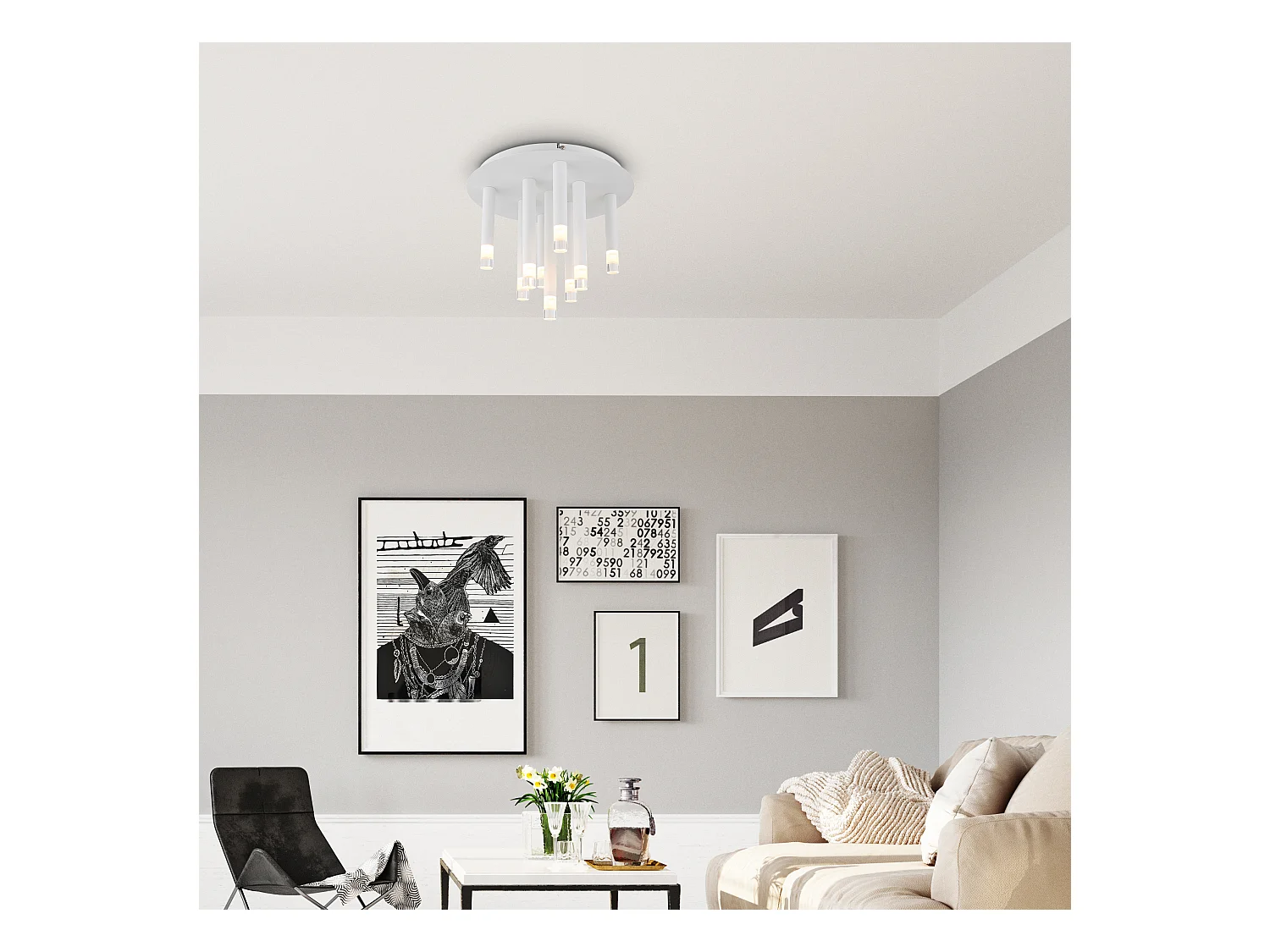 Plafonnier métal blanc mat, 9x G9 LED