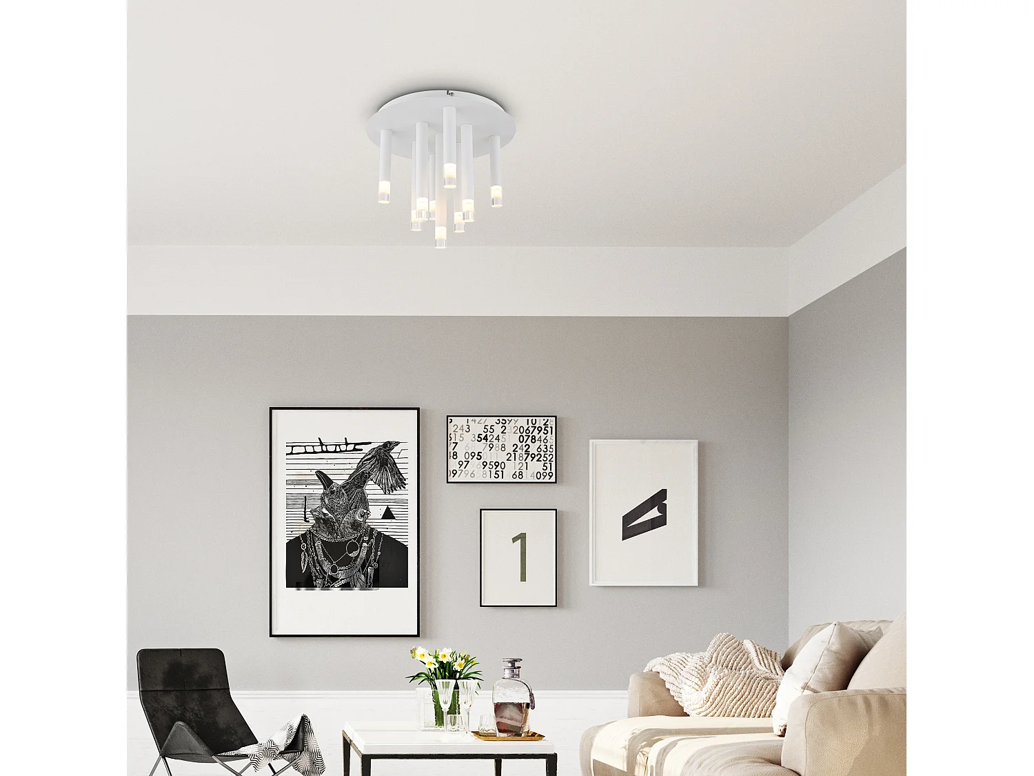 Plafonnier métal blanc mat, 9x G9 LED