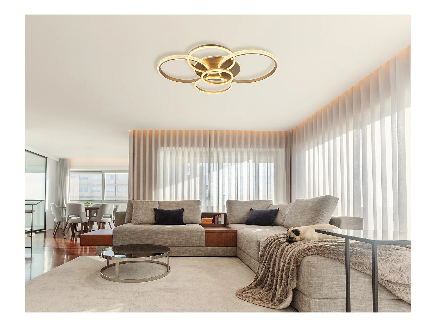 Plafonnier métal couleur champagne mat, LED