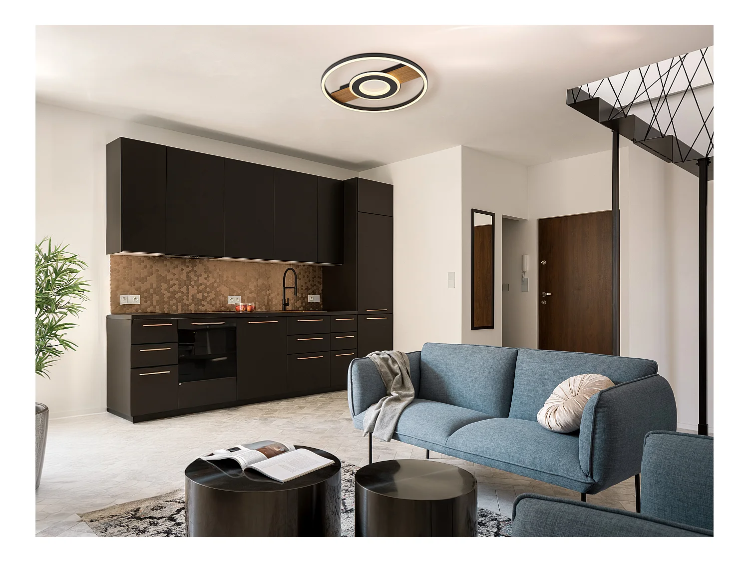 Plafonnier métal décor bois, LED