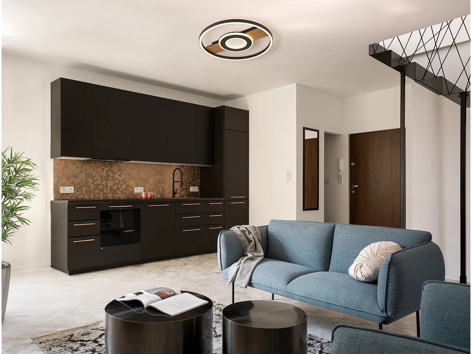 Plafonnier métal décor bois, LED