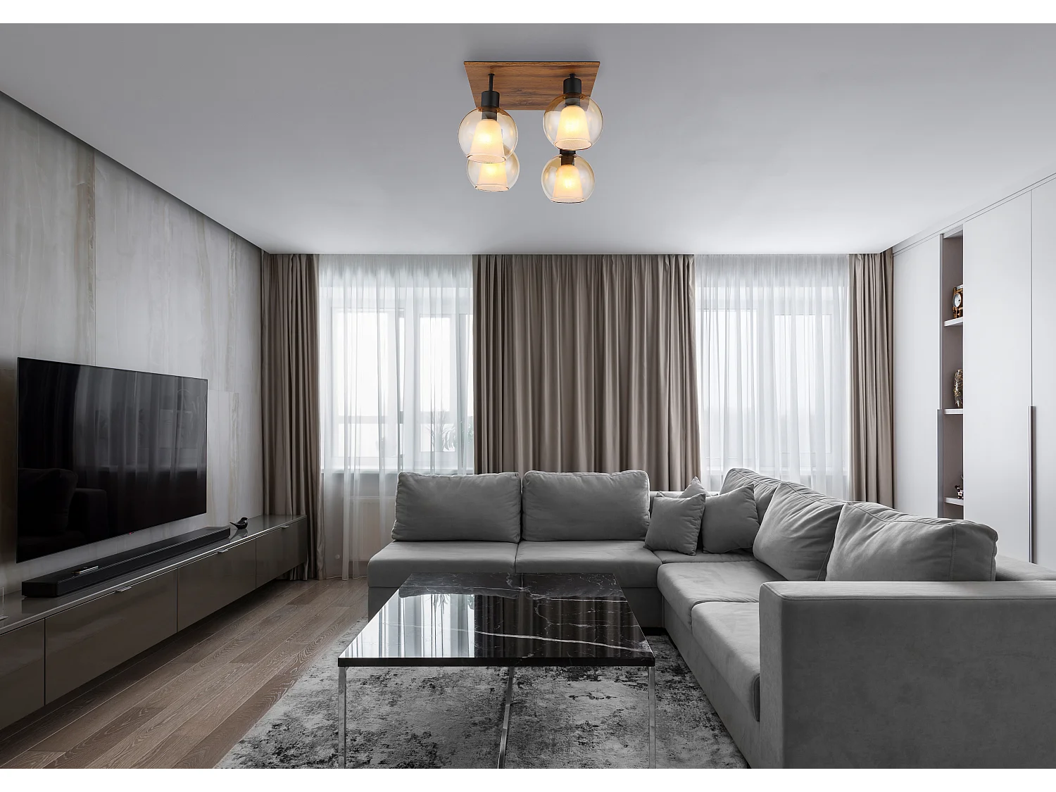 Plafonnier métal noir mat, 4x E27